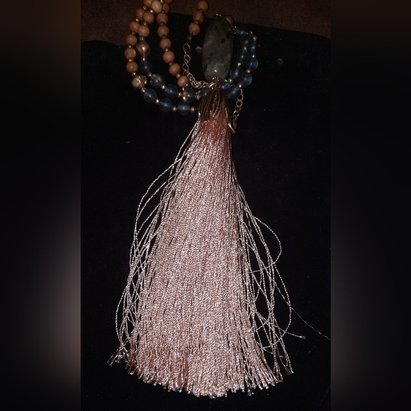 Labradorite, frosted glass gemstone tassel necklace wood beads adjustable signed - Picture 7 of 15